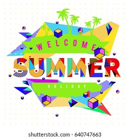 Trendy vector summer cards illustration with elements and abstract colorful textures. Design for holiday vacation poster, card, brochure, and promotion template. Fashion art print and background.