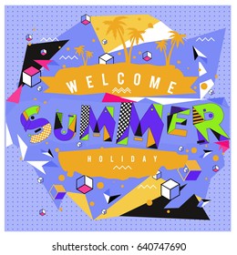 Trendy vector summer cards illustration with elements and abstract colorful textures. Design for holiday vacation poster, card, brochure, and promotion template. Fashion art print and background.