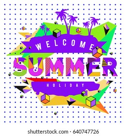 Trendy vector summer cards illustration with elements and abstract colorful textures. Design for holiday vacation poster, card, brochure, and promotion template. Fashion art print and background.
