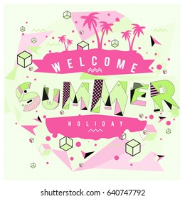 Trendy vector summer cards illustration with elements and abstract colorful textures. Design for holiday vacation poster, card, brochure, and promotion template. Fashion art print and background.