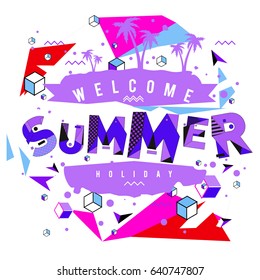 Trendy vector summer cards illustration with elements and abstract colorful textures. Design for holiday vacation poster, card, brochure, and promotion template. Fashion art print and background.