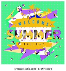 Trendy vector summer cards illustration with elements and abstract colorful textures. Design for holiday vacation poster, card, brochure, and promotion template. Fashion art print and background.