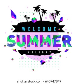 Trendy vector summer cards illustration with elements and abstract colorful textures. Design for holiday vacation poster, card, brochure, and promotion template. Fashion art print and background.