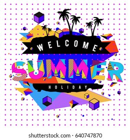 Trendy vector summer cards illustration with elements and abstract colorful textures. Design for holiday vacation poster, card, brochure, and promotion template. Fashion art print and background.