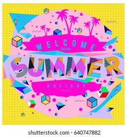 Trendy vector summer cards illustration with elements and abstract colorful textures. Design for holiday vacation poster, card, brochure, and promotion template. Fashion art print and background.