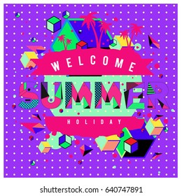 Trendy vector summer cards illustration with elements and abstract colorful textures. Design for holiday vacation poster, card, brochure, and promotion template. Fashion art print and background.