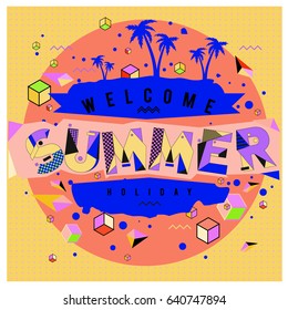 Trendy vector summer cards illustration with elements and abstract colorful textures. Design for holiday vacation poster, card, brochure, and promotion template. Fashion art print and background.