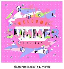 Trendy vector summer cards illustration with elements and abstract colorful textures. Design for holiday vacation poster, card, brochure, and promotion template. Fashion art print and background.