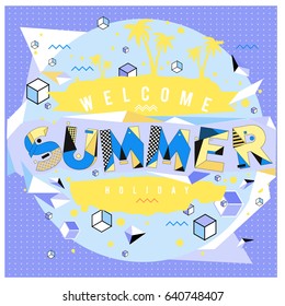 Trendy vector summer cards illustration with elements and abstract colorful textures. Design for holiday vacation poster, card, brochure, and promotion template. Fashion art print and background.