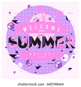 Trendy vector summer cards illustration with elements and abstract colorful textures. Design for holiday vacation poster, card, brochure, and promotion template. Fashion art print and background.