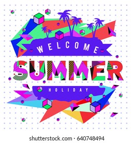 Trendy vector summer cards illustration with elements and abstract colorful textures. Design for holiday vacation poster, card, brochure, and promotion template. Fashion art print and background.