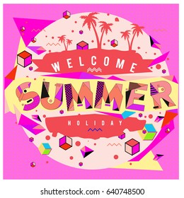Trendy vector summer cards illustration with elements and abstract colorful textures. Design for holiday vacation poster, card, brochure, and promotion template. Fashion art print and background.