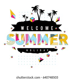 Trendy vector summer cards illustration with elements and abstract colorful textures. Design for holiday vacation poster, card, brochure, and promotion template. Fashion art print and background.