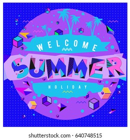 Trendy vector summer cards illustration with elements and abstract colorful textures. Design for holiday vacation poster, card, brochure, and promotion template. Fashion art print and background.