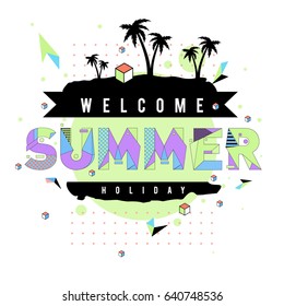 Trendy vector summer cards illustration with elements and abstract colorful textures. Design for holiday vacation poster, card, brochure, and promotion template. Fashion art print and background.