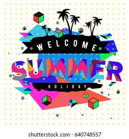 Trendy vector summer cards illustration with elements and abstract colorful textures. Design for holiday vacation poster, card, brochure, and promotion template. Fashion art print and background.