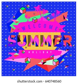 Trendy vector summer cards illustration with elements and abstract colorful textures. Design for holiday vacation poster, card, brochure, and promotion template. Fashion art print and background.