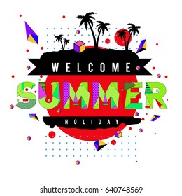 Trendy vector summer cards illustration with elements and abstract colorful textures. Design for holiday vacation poster, card, brochure, and promotion template. Fashion art print and background.