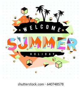 Trendy vector summer cards illustration with elements and abstract colorful textures. Design for holiday vacation poster, card, brochure, and promotion template. Fashion art print and background.