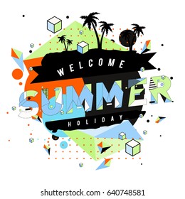 Trendy vector summer cards illustration with elements and abstract colorful textures. Design for holiday vacation poster, card, brochure, and promotion template. Fashion art print and background.