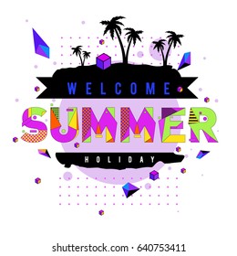 Trendy vector summer cards illustration with elements and abstract colorful textures. Design for holiday vacation poster, card, brochure, and promotion template. Fashion art print and background.