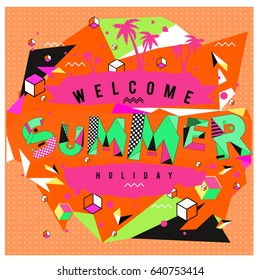 Trendy vector summer cards illustration with elements and abstract colorful textures. Design for holiday vacation poster, card, brochure, and promotion template. Fashion art print and background.
