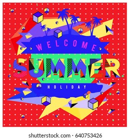Trendy vector summer cards illustration with elements and abstract colorful textures. Design for holiday vacation poster, card, brochure, and promotion template. Fashion art print and background.
