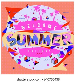 Trendy vector summer cards illustration with elements and abstract colorful textures. Design for holiday vacation poster, card, brochure, and promotion template. Fashion art print and background.