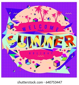 Trendy vector summer cards illustration with elements and abstract colorful textures. Design for holiday vacation poster, card, brochure, and promotion template. Fashion art print and background.
