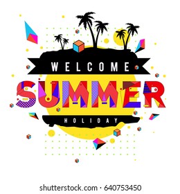 Trendy vector summer cards illustration with elements and abstract colorful textures. Design for holiday vacation poster, card, brochure, and promotion template. Fashion art print and background.