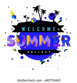 Trendy vector summer cards illustration with elements and abstract colorful textures. Design for holiday vacation poster, card, brochure, and promotion template. Fashion art print and background.