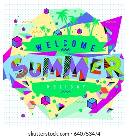 Trendy vector summer cards illustration with elements and abstract colorful textures. Design for holiday vacation poster, card, brochure, and promotion template. Fashion art print and background.