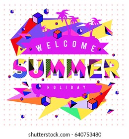 Trendy vector summer cards illustration with elements and abstract colorful textures. Design for holiday vacation poster, card, brochure, and promotion template. Fashion art print and background.