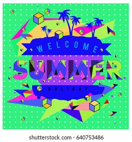 Trendy vector summer cards illustration with elements and abstract colorful textures. Design for holiday vacation poster, card, brochure, and promotion template. Fashion art print and background.