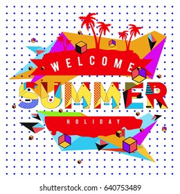 Trendy vector summer cards illustration with elements and abstract colorful textures. Design for holiday vacation poster, card, brochure, and promotion template. Fashion art print and background.