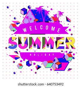 Trendy vector summer cards illustration with elements and abstract colorful textures. Design for holiday vacation poster, card, brochure, and promotion template. Fashion art print and background.