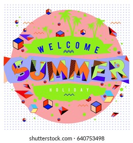Trendy vector summer cards illustration with elements and abstract colorful textures. Design for holiday vacation poster, card, brochure, and promotion template. Fashion art print and background.