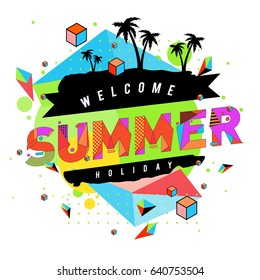 Trendy vector summer cards illustration with elements and abstract colorful textures. Design for holiday vacation poster, card, brochure, and promotion template. Fashion art print and background.