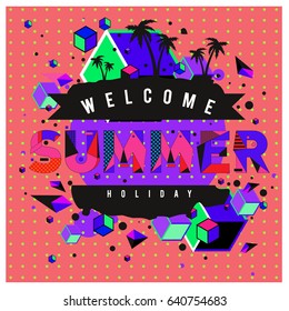 Trendy vector summer cards illustration with elements and abstract colorful textures. Design for holiday vacation poster, card, brochure, and promotion template. Fashion art print and background