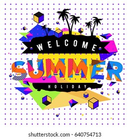 Trendy vector summer cards illustration with elements and abstract colorful textures. Design for holiday vacation poster, card, brochure, and promotion template. Fashion art print and background