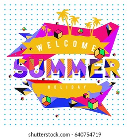 Trendy vector summer cards illustration with elements and abstract colorful textures. Design for holiday vacation poster, card, brochure, and promotion template. Fashion art print and background