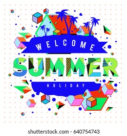 Trendy vector summer cards illustration with elements and abstract colorful textures. Design for holiday vacation poster, card, brochure, and promotion template. Fashion art print and background