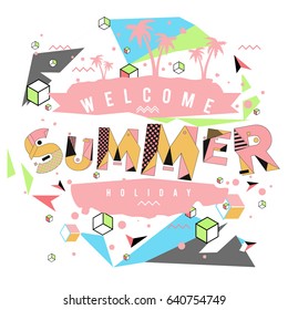 Trendy vector summer cards illustration with elements and abstract colorful textures. Design for holiday vacation poster, card, brochure, and promotion template. Fashion art print and background
