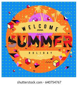 Trendy vector summer cards illustration with elements and abstract colorful textures. Design for holiday vacation poster, card, brochure, and promotion template. Fashion art print and background