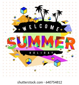 Trendy vector summer cards illustration with elements and abstract colorful textures. Design for holiday vacation poster, card, brochure, and promotion template. Fashion art print and background