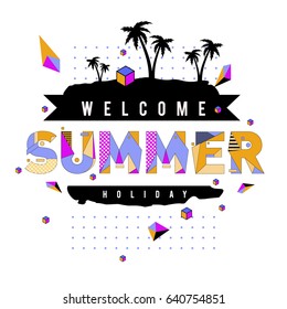 Trendy vector summer cards illustration with elements and abstract colorful textures. Design for holiday vacation poster, card, brochure, and promotion template. Fashion art print and background