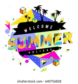 Trendy vector summer cards illustration with elements and abstract colorful textures. Design for holiday vacation poster, card, brochure, and promotion template. Fashion art print and background