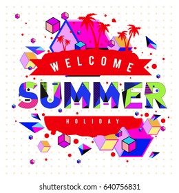 Trendy vector summer cards illustration with elements and abstract colorful textures. Design for holiday vacation poster, card, brochure, and promotion template. Fashion art print and background
