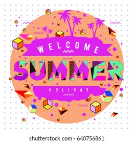 Trendy vector summer cards illustration with elements and abstract colorful textures. Design for holiday vacation poster, card, brochure, and promotion template. Fashion art print and background
