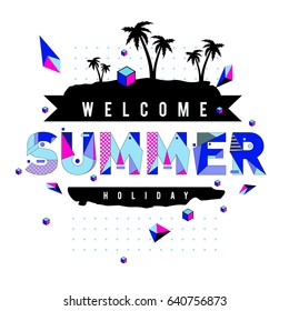 Trendy vector summer cards illustration with elements and abstract colorful textures. Design for holiday vacation poster, card, brochure, and promotion template. Fashion art print and background